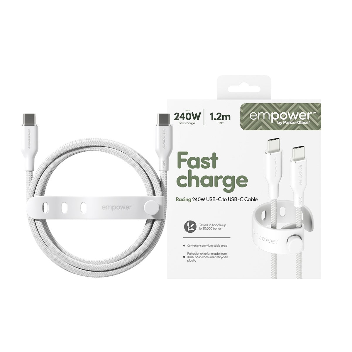 empower by PanzerGlass® Racing 240W USB-C to USB-C Kabel | USB 2.0 | 1.2M | Silber Weiss